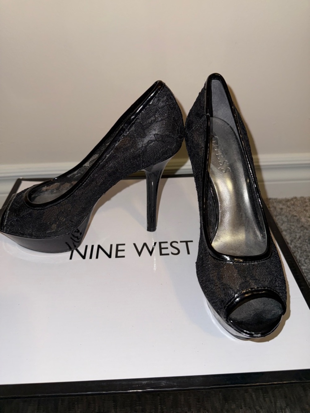 Guess Black Lace Peep Toe Platform Pumps